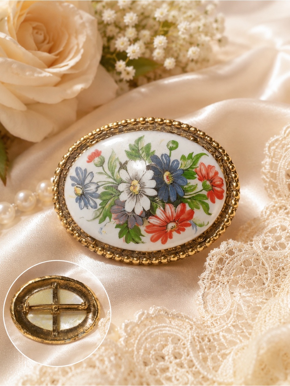 Gold-Tone Floral Porcelain Oval Brooch - Multicolor